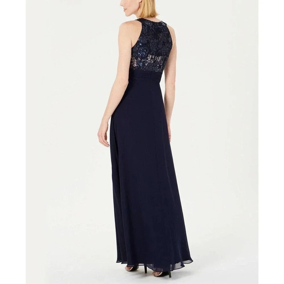 Calvin Klein Navy Blue High Neck Sleeveless Sequin Maxi Formal Gown Dress NWT - Picture 3 of 12